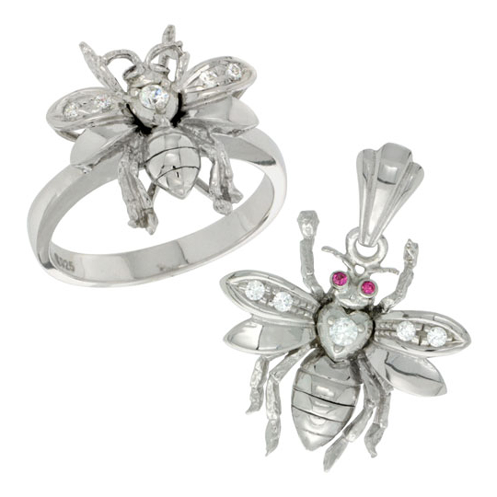 Sterling Silver Bee Ring &amp; Pendant Set CZ Stones Rhodium Finished