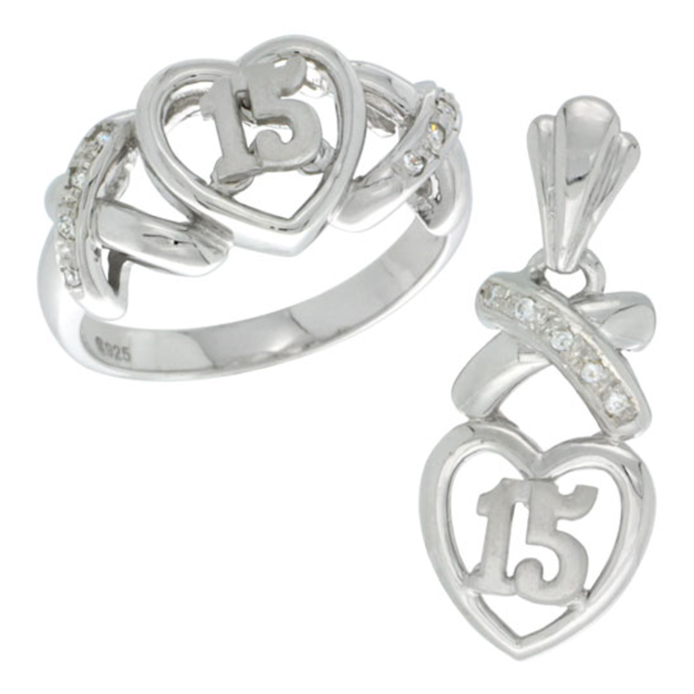 Sterling Silver Quinceanera 15 Anos Heart Ring &amp; Pendant Set CZ Stones CZ stones Rhodium Finished