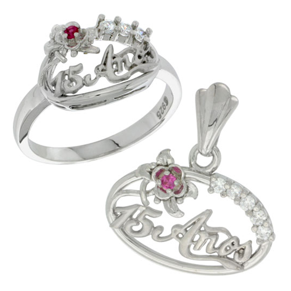 Sterling Silver Quinceanera 15 Anos Flower Ring &amp; Pendant Set CZ Stones Rhodium Finished