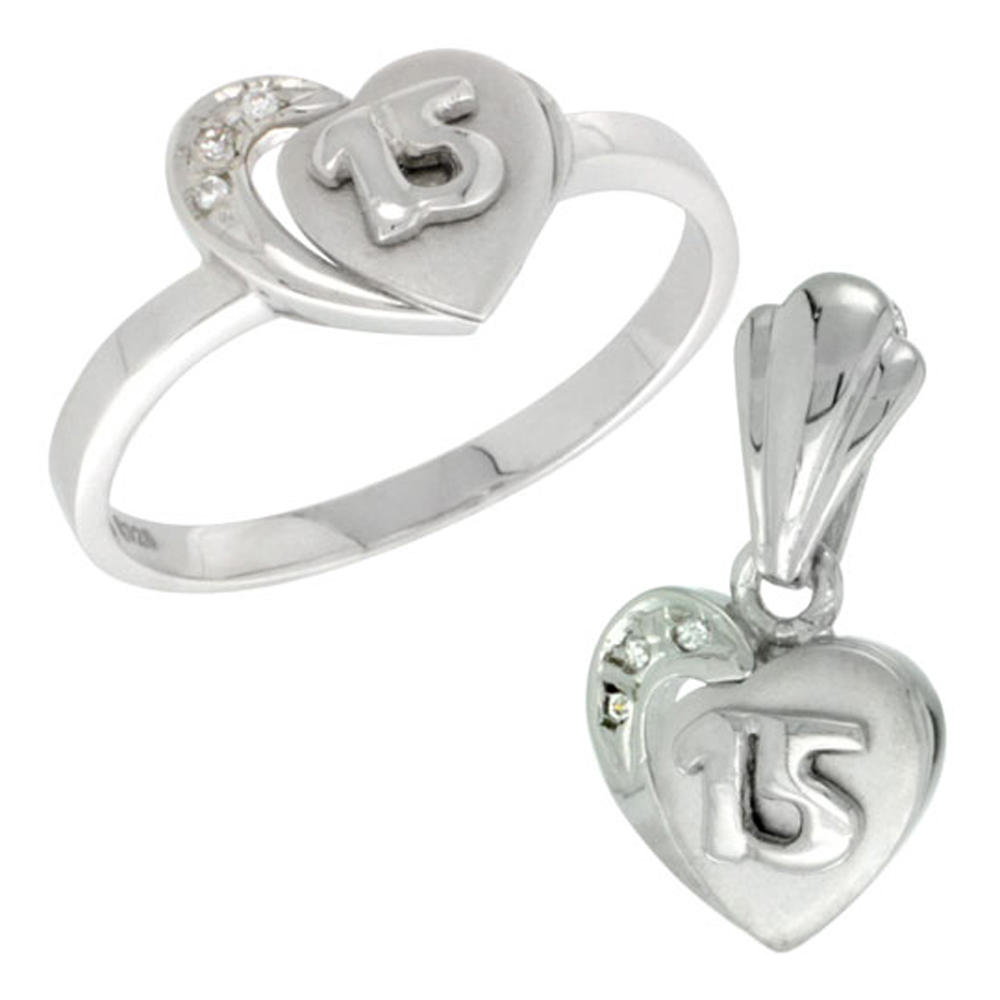 Sterling Silver Quinceanera 15 Anos Heart Ring &amp; Pendant Set CZ Stones Rhodium Finished