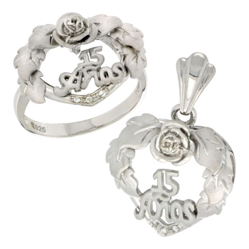 Sterling Silver Quinceanera 15 Anos Heart Wreath Ring &amp; Pendant Set CZ Stones Rhodium Finished