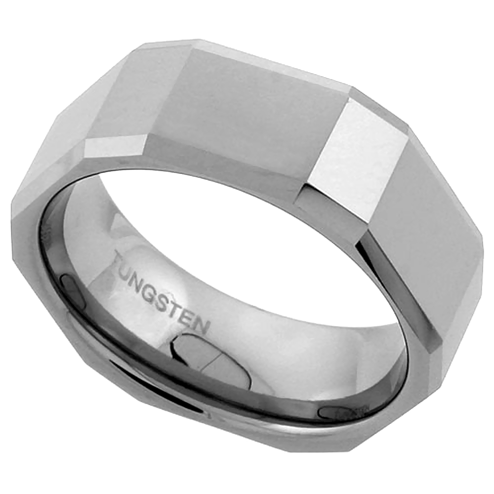 Tungsten Carbide 8 mm Flat Faceted Wedding Band Ring Rectangle Patterns, sizes 7 to 14