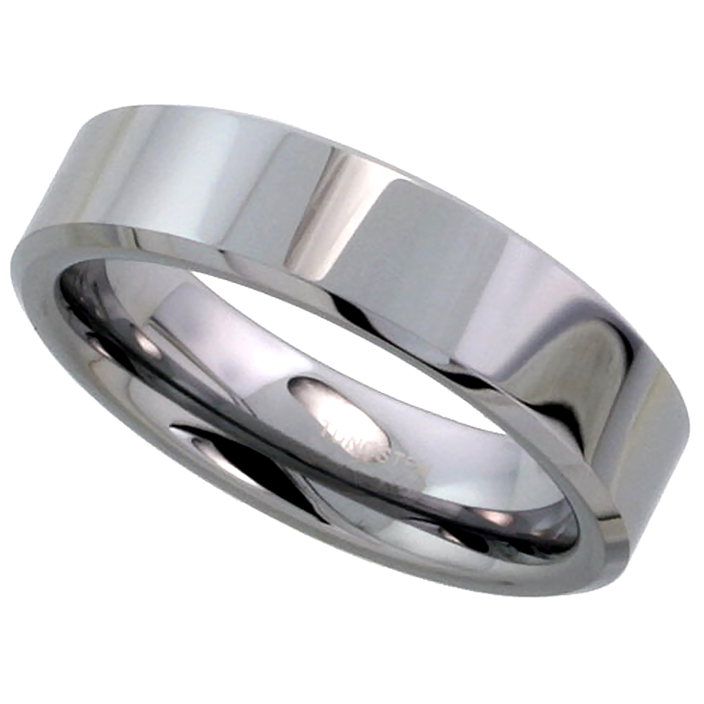 Tungsten Carbide 6 mm Flat Wedding Band Thumb Ring His &amp; Hers Mirror Polished Finish Beveled Edges, sizes 5 to 12