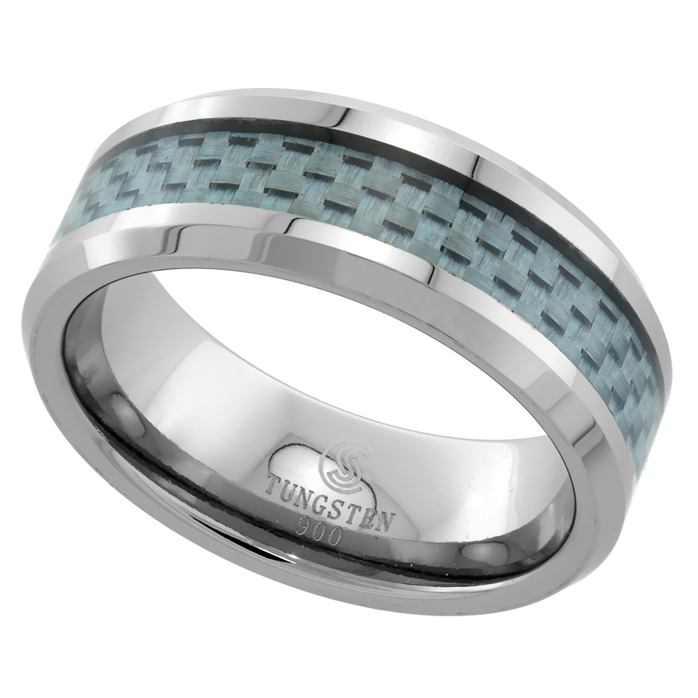 Tungsten Carbide 8 mm Flat Wedding Band Ring Gray Carbon Fiber Inlay Beveled Edges sizes 9 to 13.5