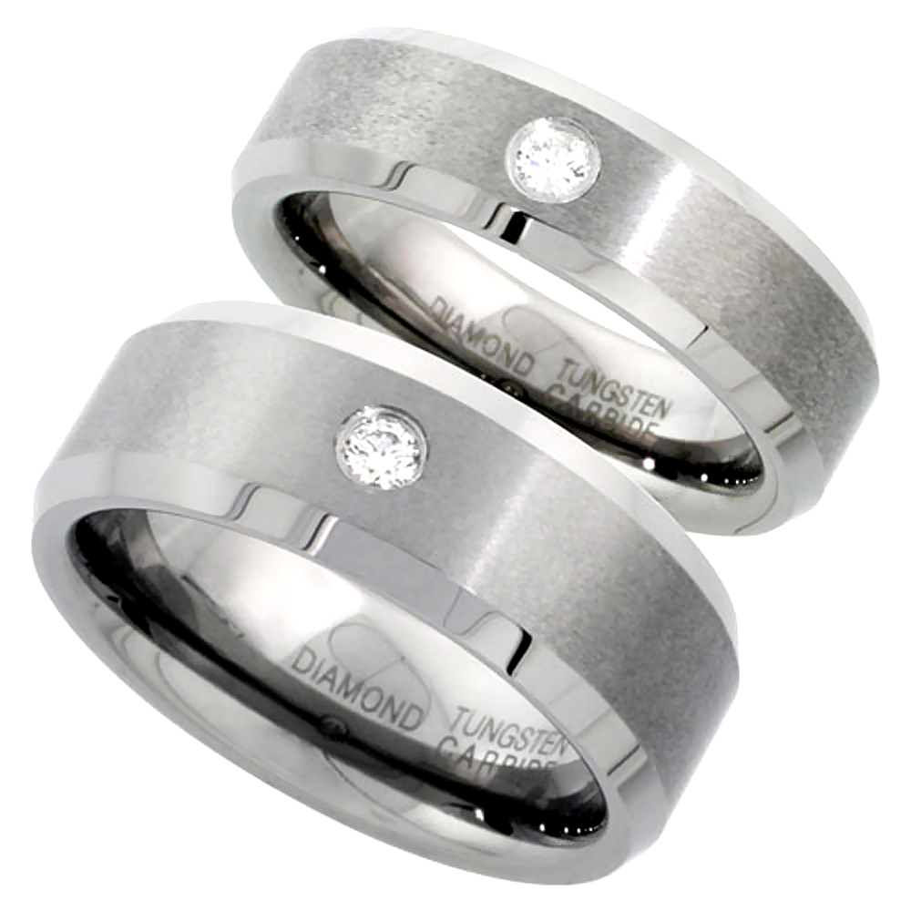2-Ring Set 8 &amp; 6 mm Tungsten Diamond Wedding Ring for Him &amp; Her Matte Beveled Comfort fit, sizes 5-13