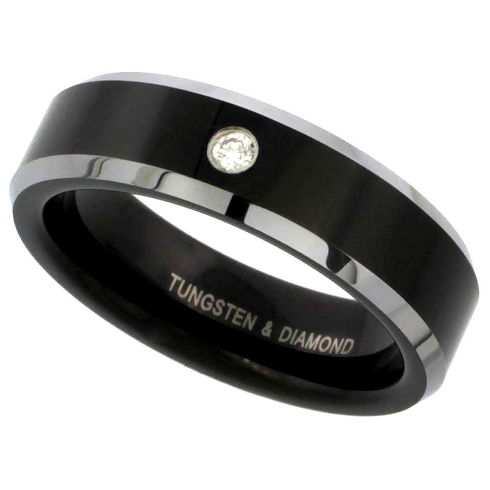 6mm Black Tungsten Diamond Wedding Ring for Him &amp; Her Two-tone Beveled Edges Comfort fit, sizes 5 to 9