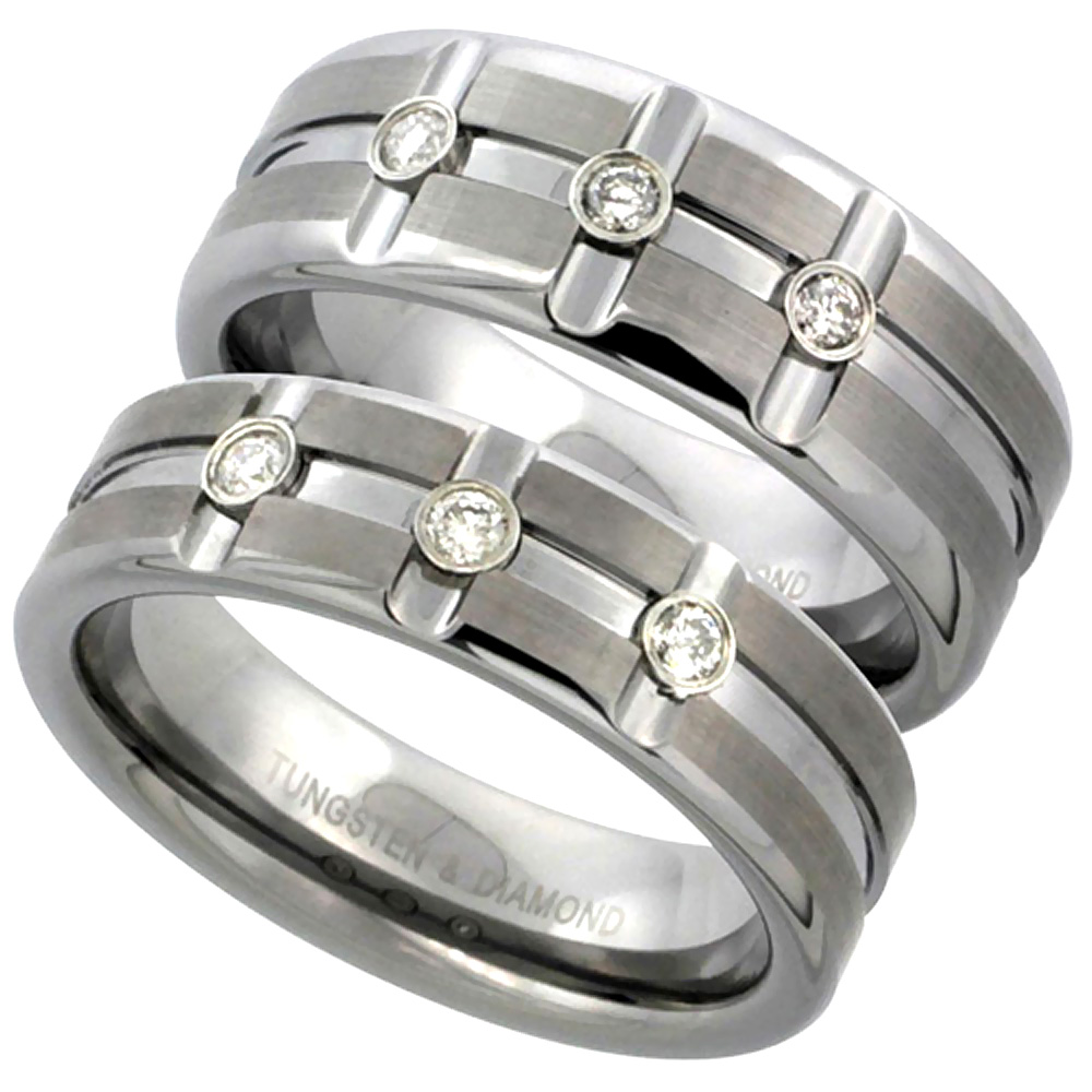 6mm Tungsten 3 Stone Diamond Wedding Ring Horizontal &amp; Vertical Grooves Satined Comfort fit, sizes 5 to 9