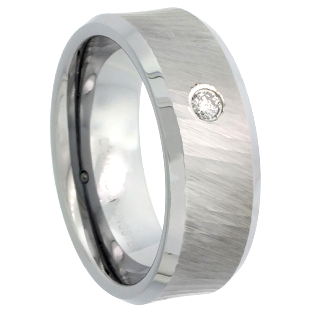 8mm Tungsten Diamond Wedding Ring Dazzling Cut Finish Beveled Edges Comfort fit, sizes 8 to 13