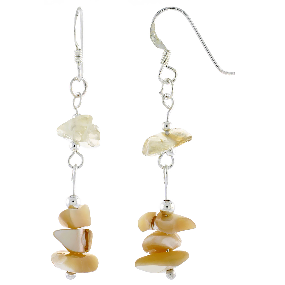 Sterling Silver Natural Shell and Citrine Dangle Earrings Women Fishhook Handmade 1 11/16 inch