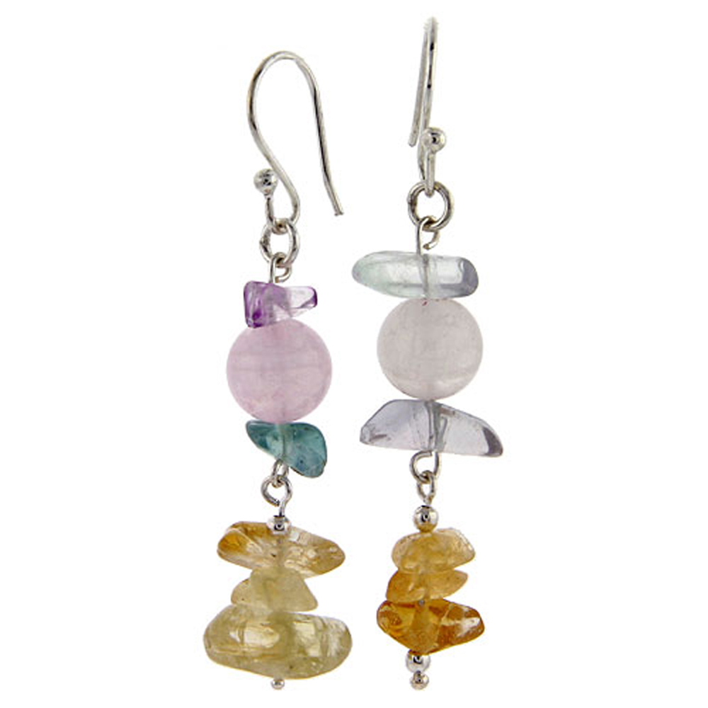 Sterling Silver Natural Rose Quartz Citrine and Fluorite Dangle Earrings Women Fishhook Handmade 2 inch