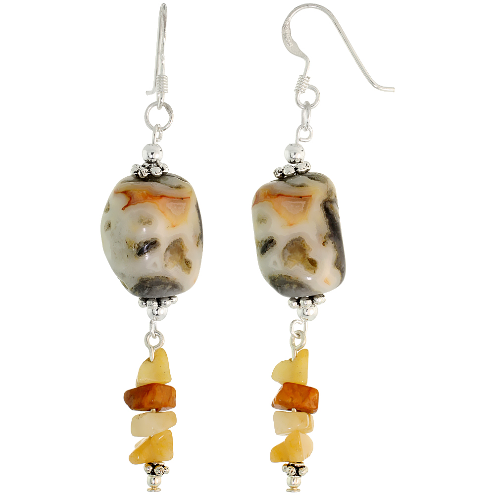 Sterling Silver Natural Leopard Skin and Yellow Onyx Dangle Earrings Women Fishhook Handmade 2 1/4 inch