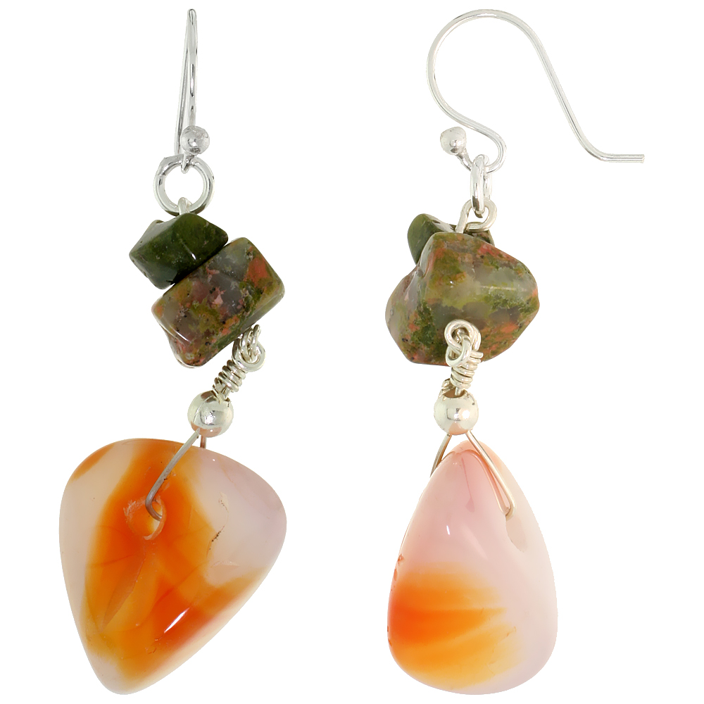 Sterling Silver Natural Carnelian and Unakite Dangle Earrings Women Fishhook Handmade 1 7/8 inch