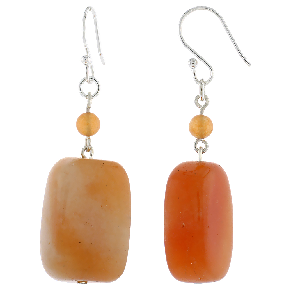 Sterling Silver Natural Carnelian and Aventurine Dangle Earrings Women Fishhook Handmade 1 11/16 inch