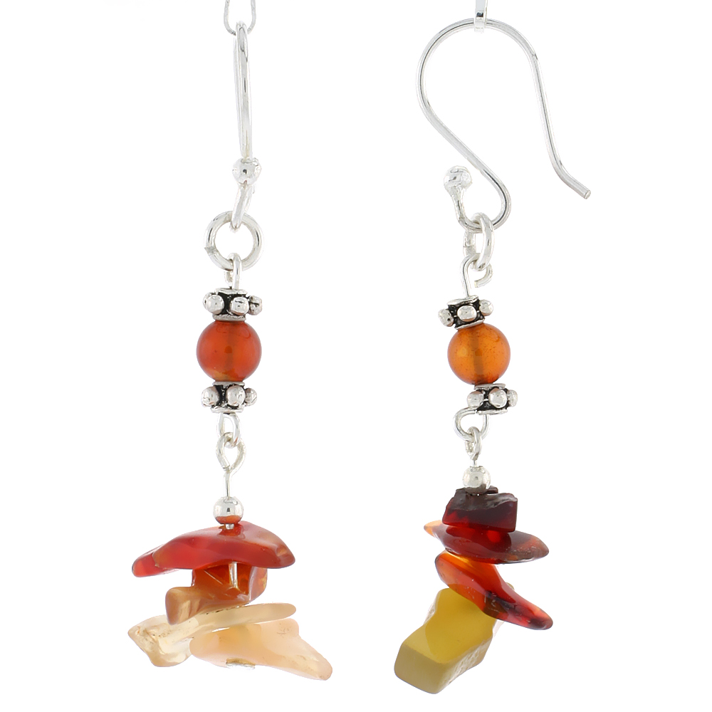 Sterling Silver Natural Carnelian and Aventurine Dangle Earrings Women Fishhook Handmade 1 13/16 inch