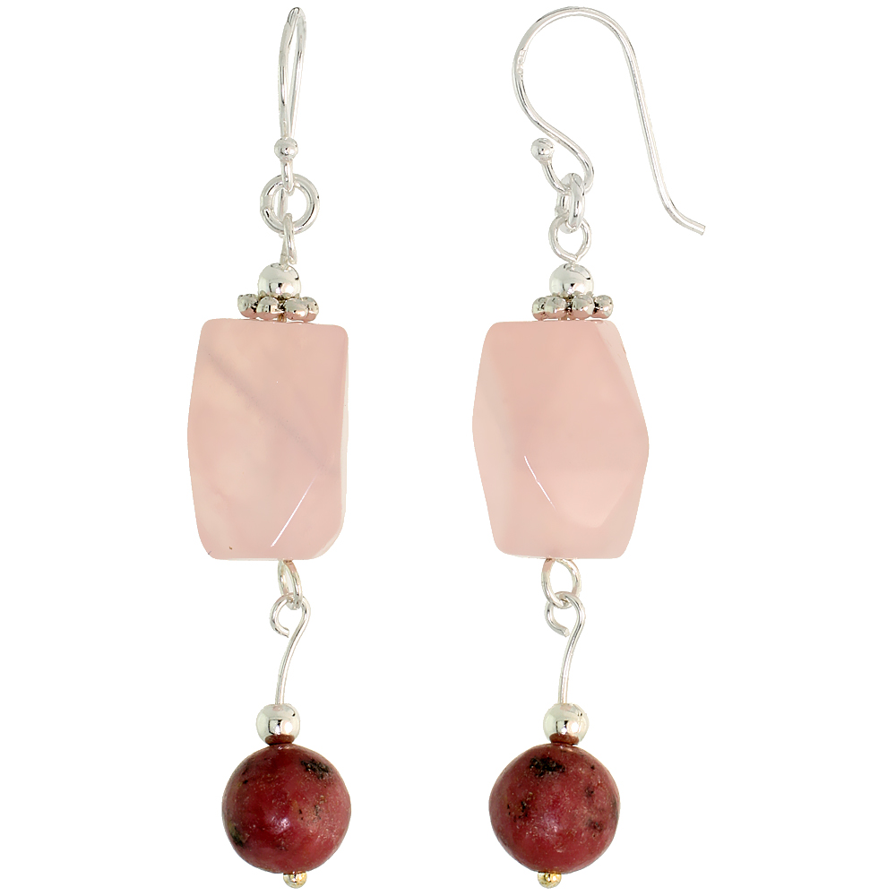 Sterling Silver Natural Rose Quartz and Rhodonite Dangle Earrings Women Fishhook Handmade 1 3/4 inch