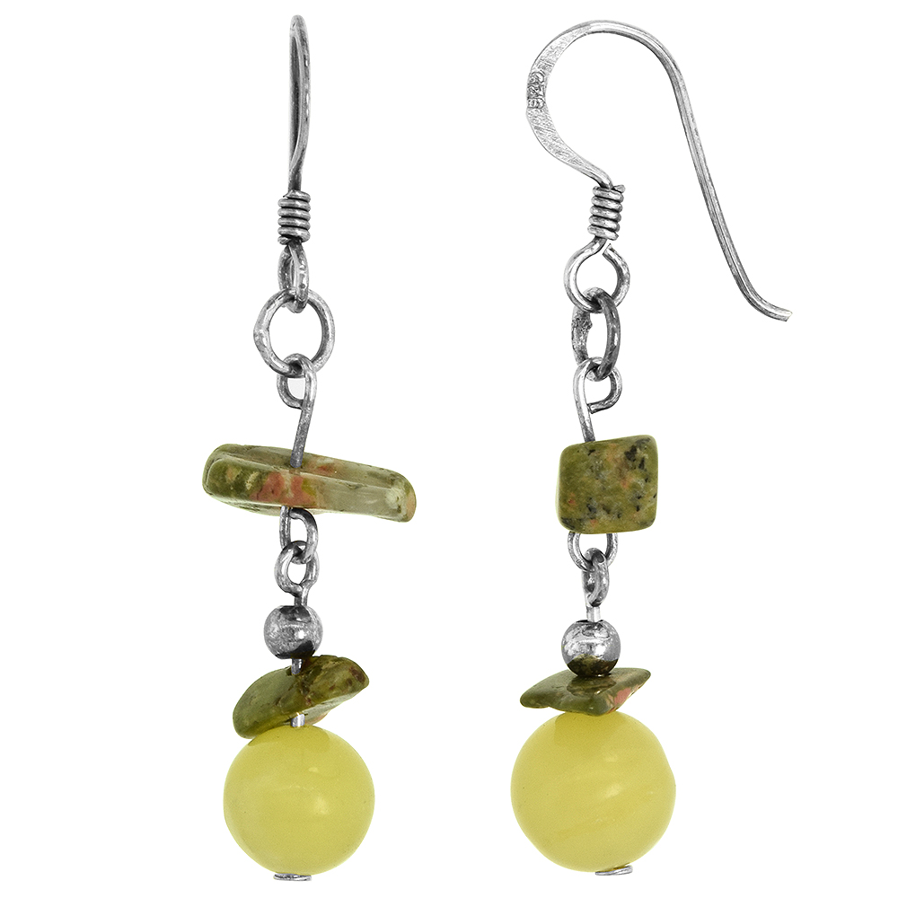 Sterling Silver Natural New Jade and Unakite Dangle Earrings Women Fishhook Handmade 1 1/2 inch