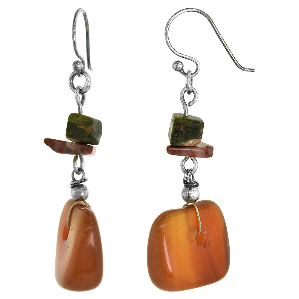 Sterling Silver Natural Carnelian and Unakite Dangle Earrings Women Fishhook Handmade 2 inch