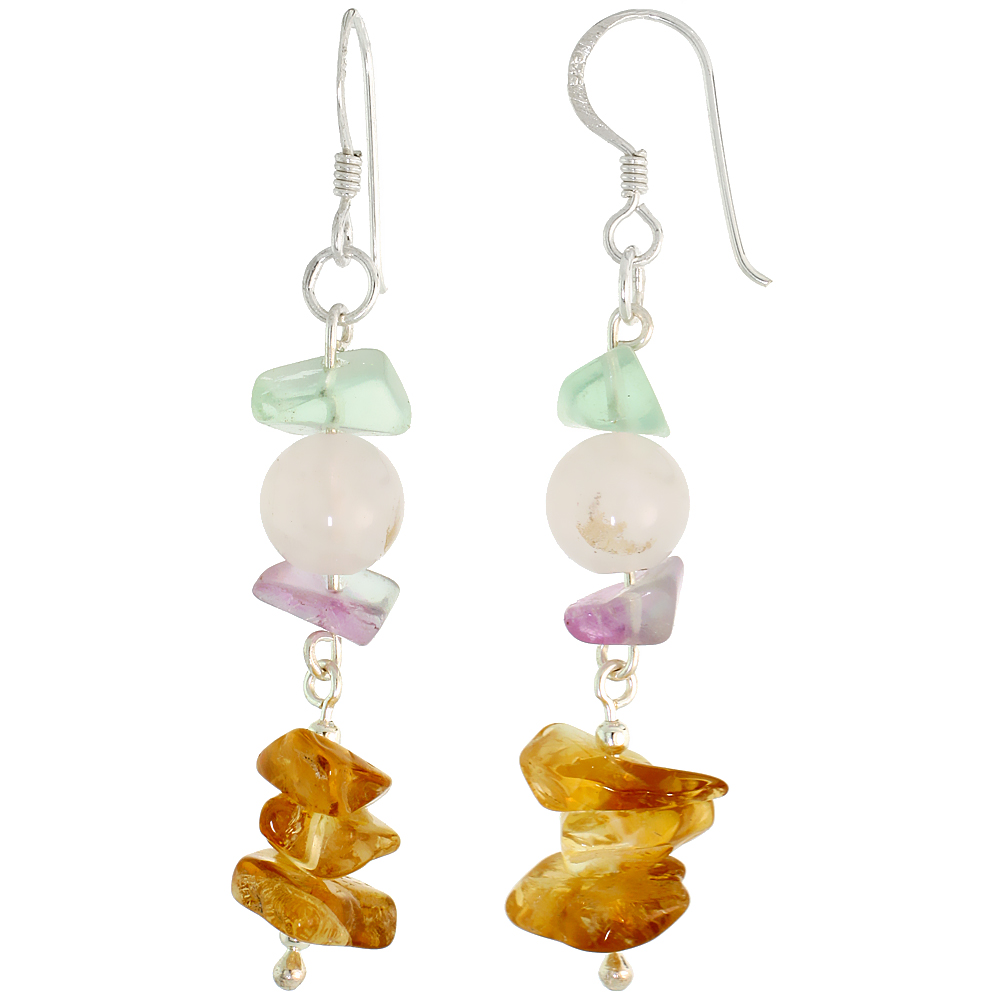 Sterling Silver Natural Rose Quartz Fluorite Citrine Dangle Earrings Women Fishhook Handmade 2 3/16 inch