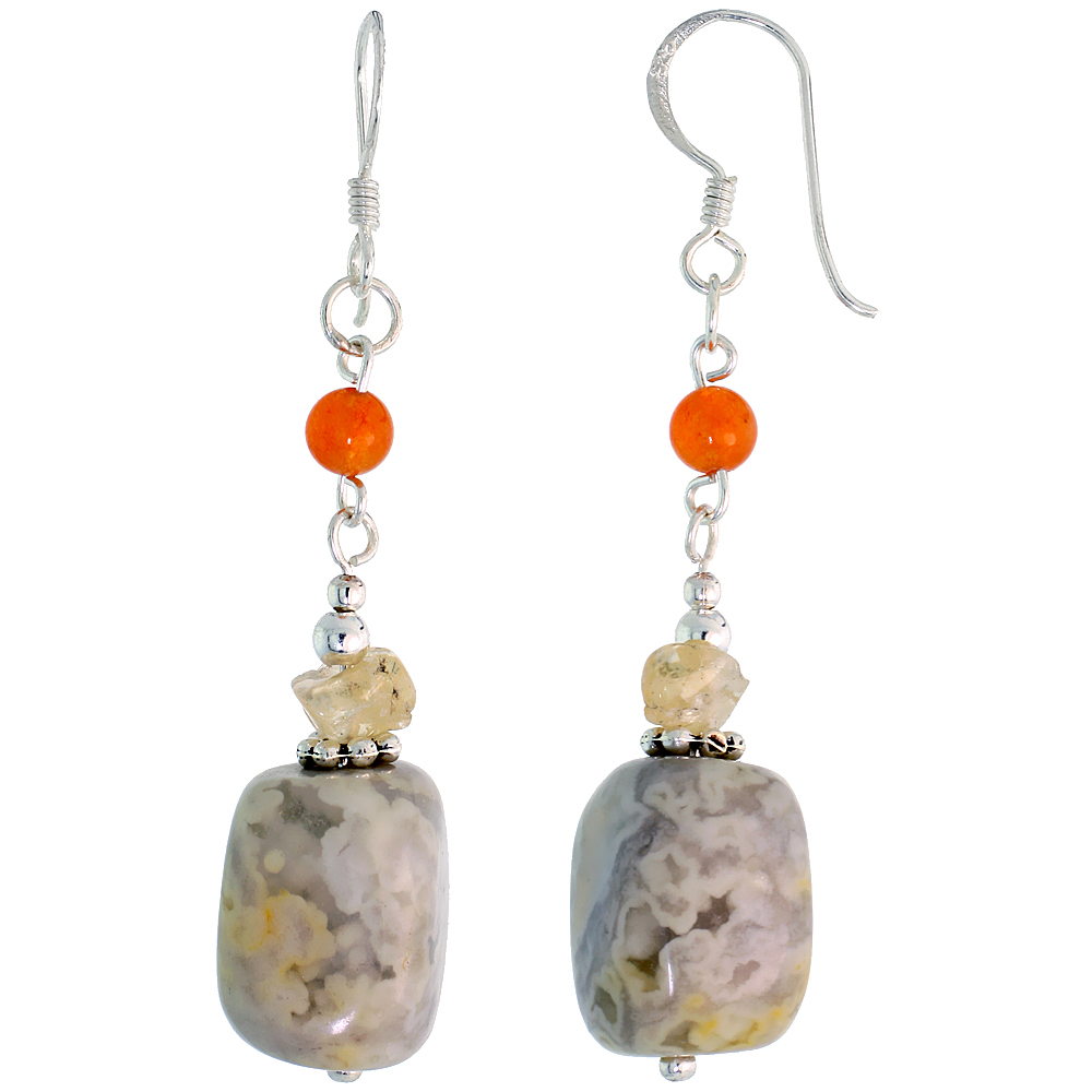 Sterling Silver Natural Picture Jasper and Citrine Dangle Earrings Women Fishhook Handmade 2 inch