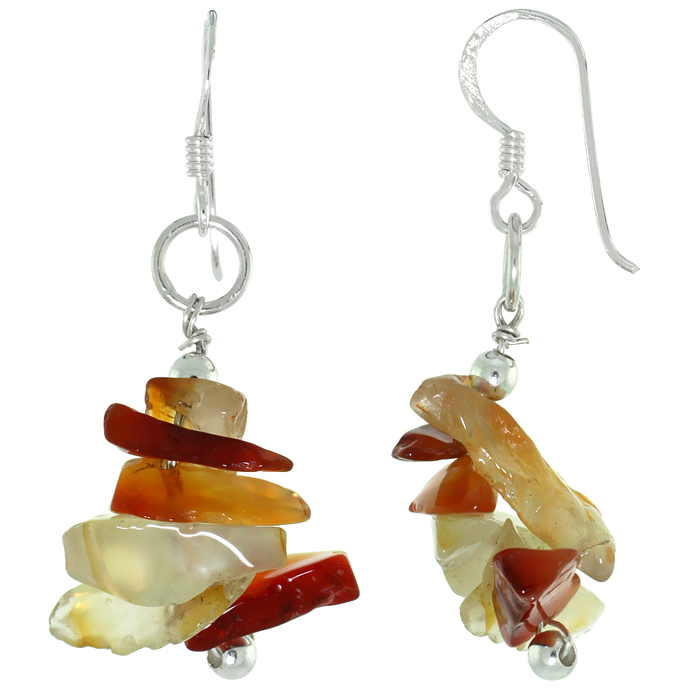 Sterling Silver Natural Carnelian Dangle Earrings Women Fishhook Handmade 1 1/2 inch