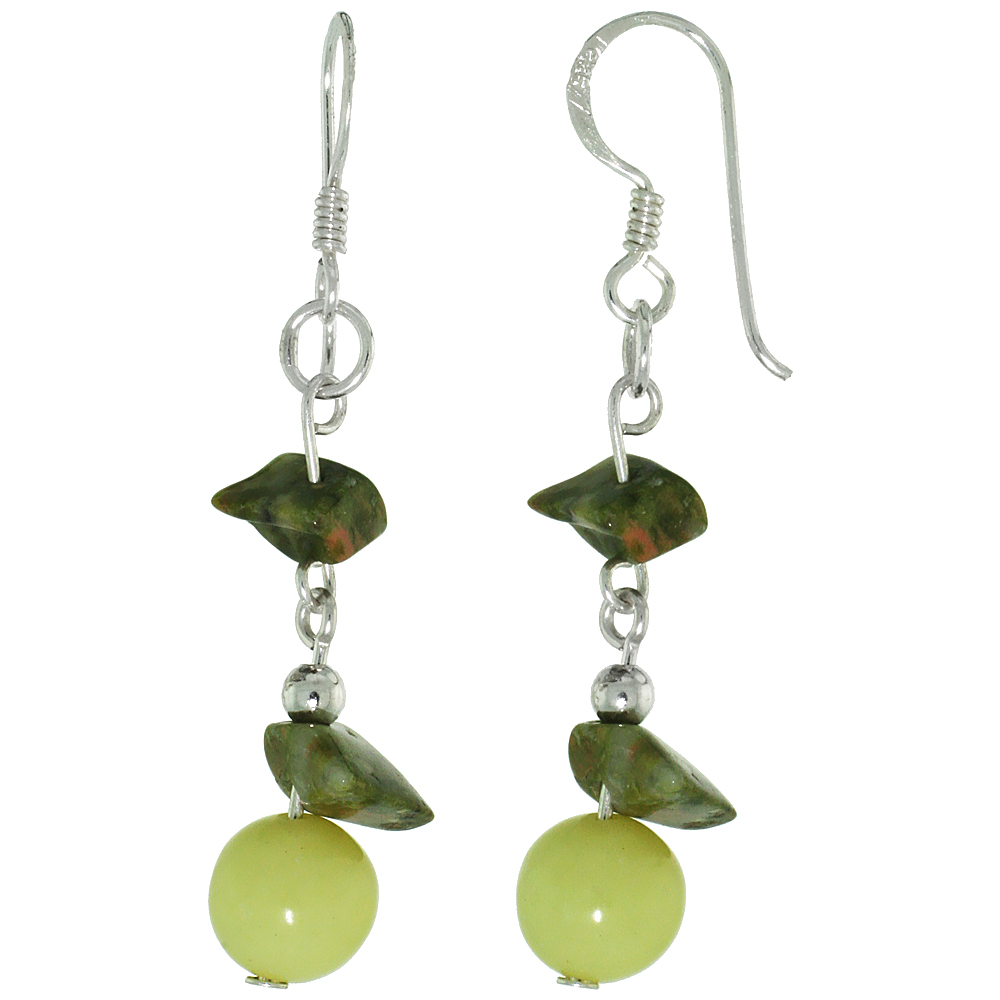 Sterling Silver Natural New Jade & Unakite Dangle Earrings Women Fishhook Handmade 1 1/2 inch