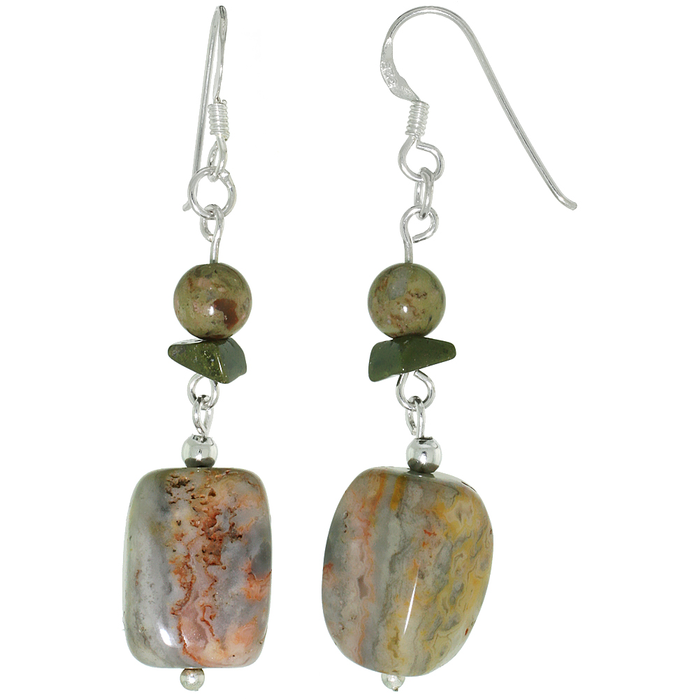 Sterling Silver Natural Picture Jasper and Unakite Dangle Earrings Women Fishhook Handmade 2 1/8 inch