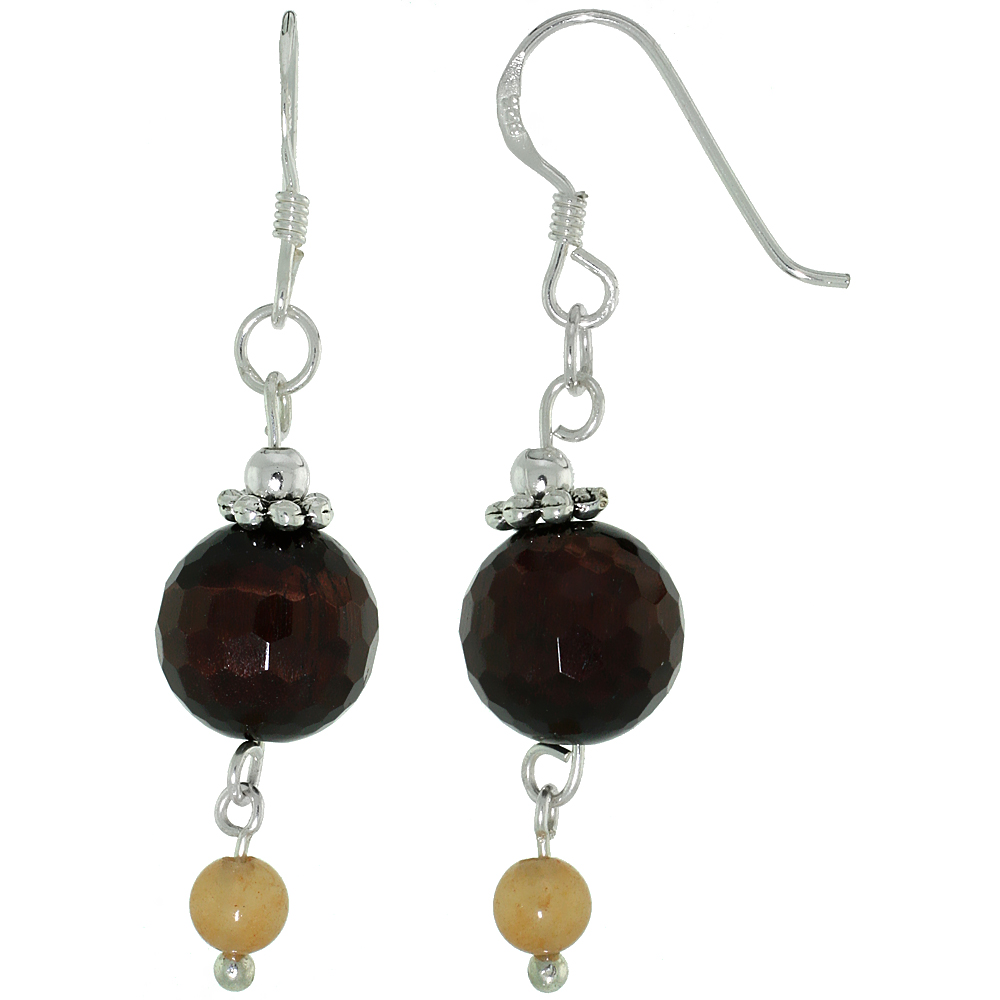 Sterling Silver Natural Red Tiger Eye and Aventurine Dangle Earrings Women Fishhook Handmade 1 1/2 inch