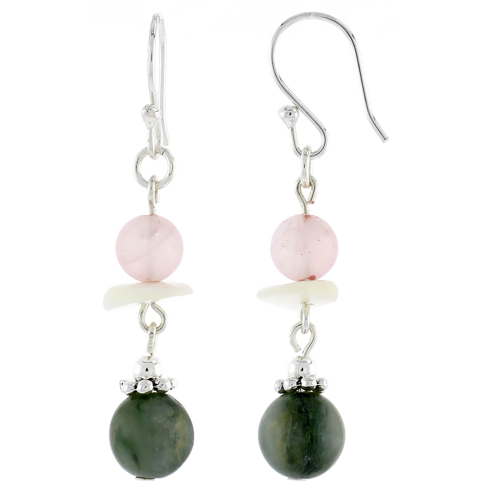 Sterling Silver Natural Unakite Shell and Rose Quartz Dangle Earrings Women Fishhook Handmade 1 5/8 inch