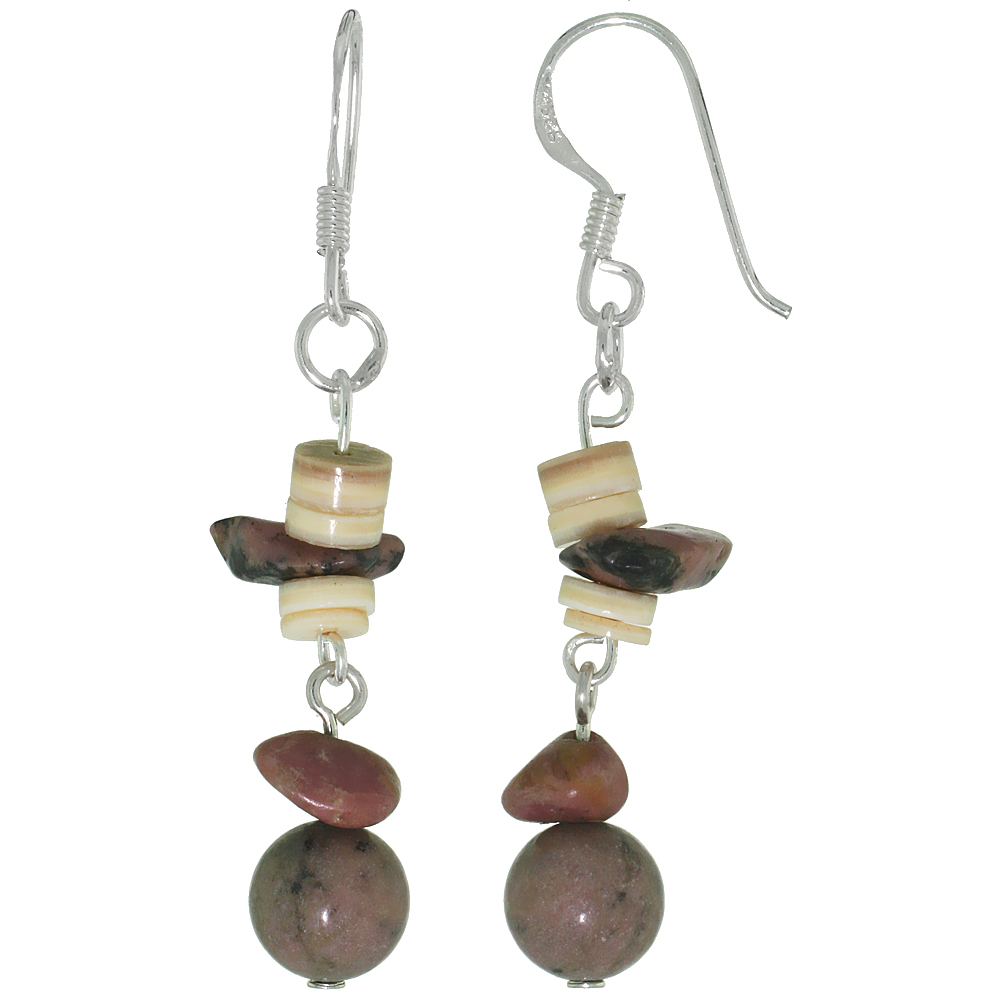 Sterling Silver Natural Rhodonite and Shell Dangle Earrings Women Fishhook Handmade 1 13/16 inch