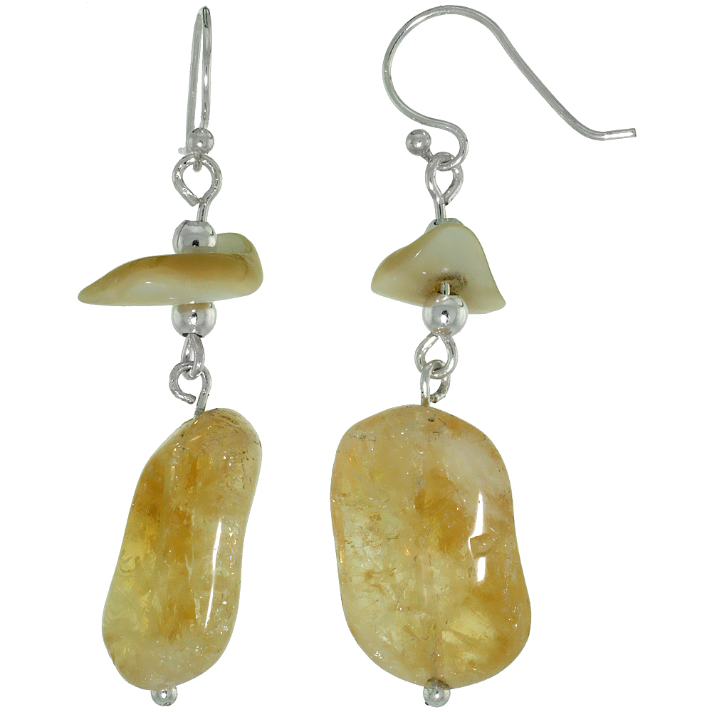 Sterling Silver Natural Citrine Dangle Earrings Women Fishhook Handmade 1 7/8 inch