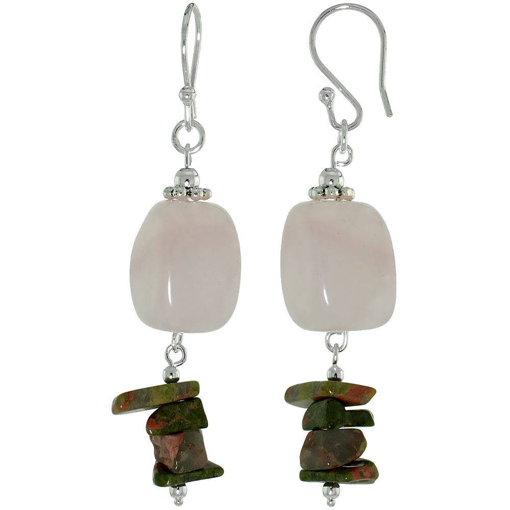 Sterling Silver Natural Rose Quartz and Unakite Dangle Earrings Women Fishhook Handmade 2 inch