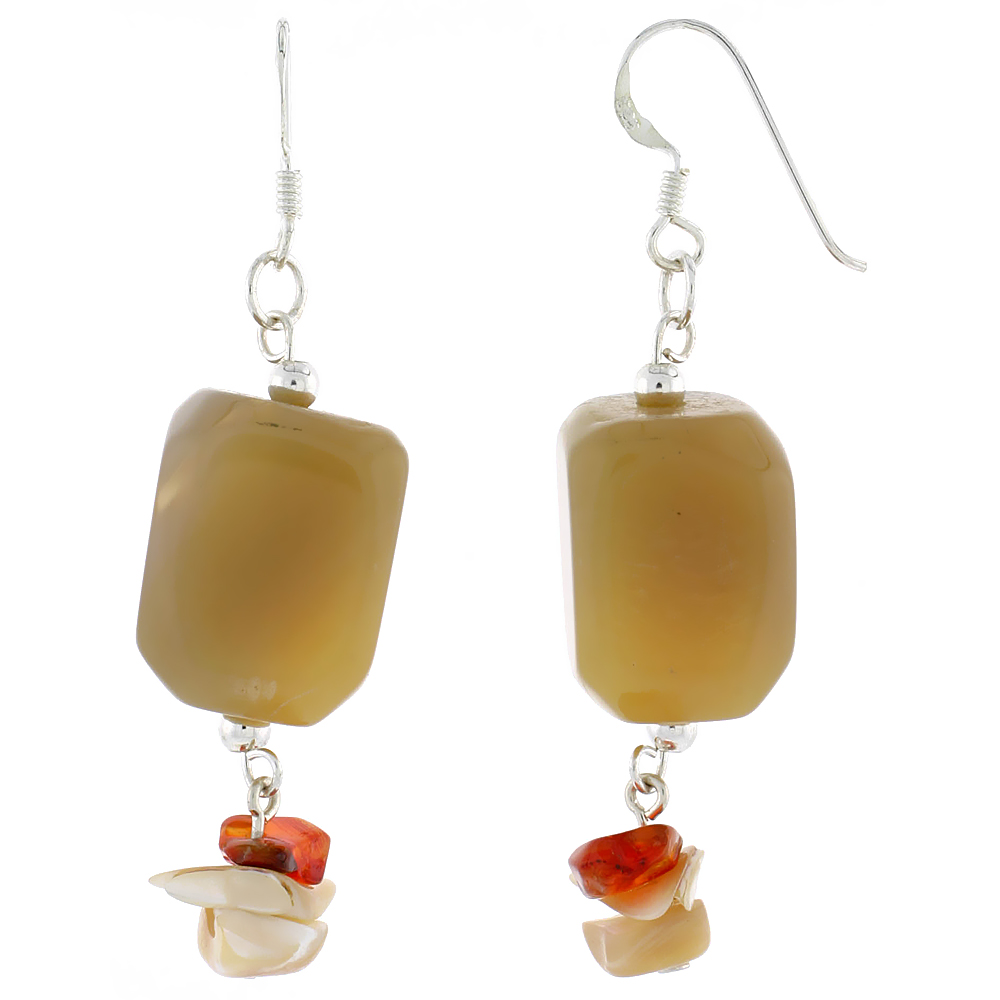 Sterling Silver Natural Aventurine Carnelian & Shell Dangle Earrings Women Fishhook Handmade 2 1/16 inch