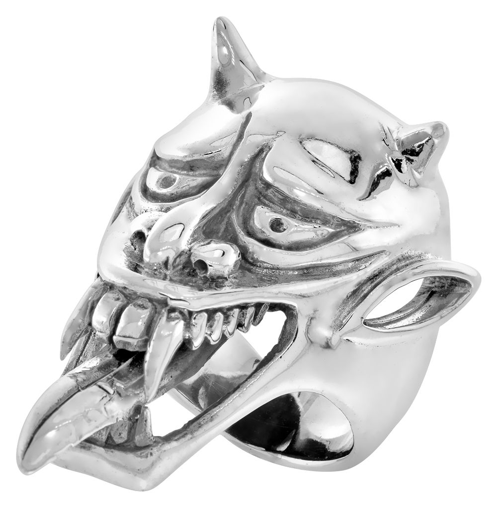 Sterling Silver Demon Head Gothic Biker Ring with tongue, 1 5/8 inch wide, sizes 9-14