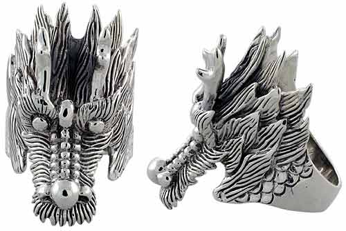 Sterling Silver Dragon&#039;s Head Gothic Biker Ring, 1 3/4 inch wide, sizes 9-14