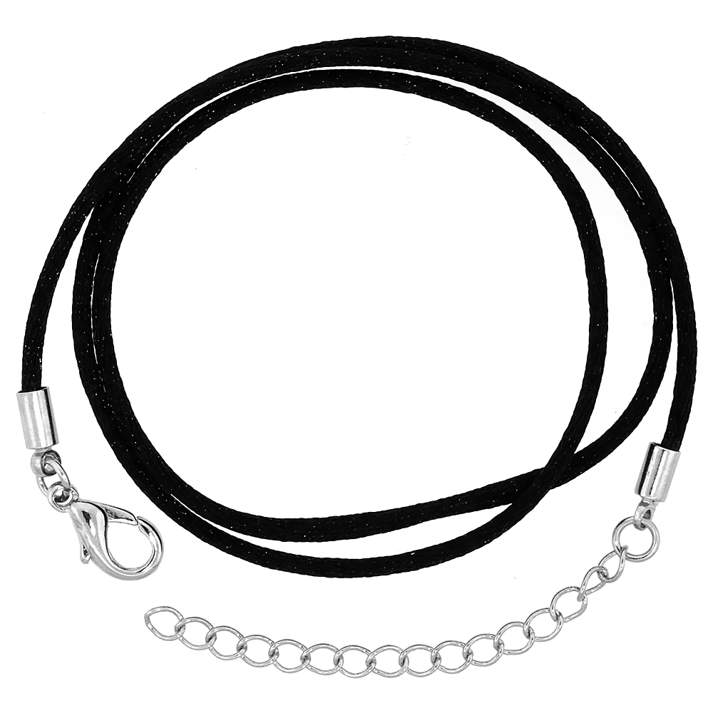 Jewelry Black Silk Cord Chain Necklace Stainless Steel Lobster Clasp, sizes 16 &amp; 18 + 1 inch extension
