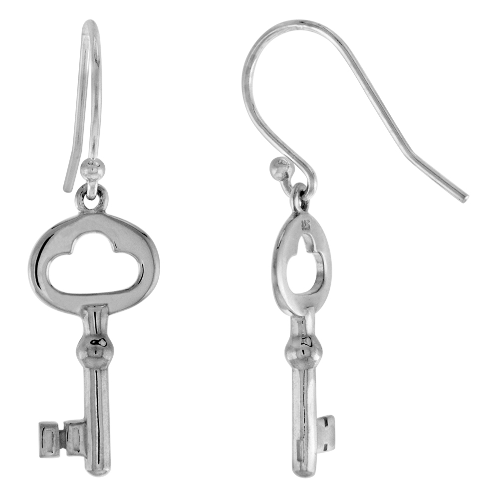 Dainty 3/4 inch Sterling Silver Fishhook Dangling Vintage Key Earrings for Women Flawless High Polish Finish