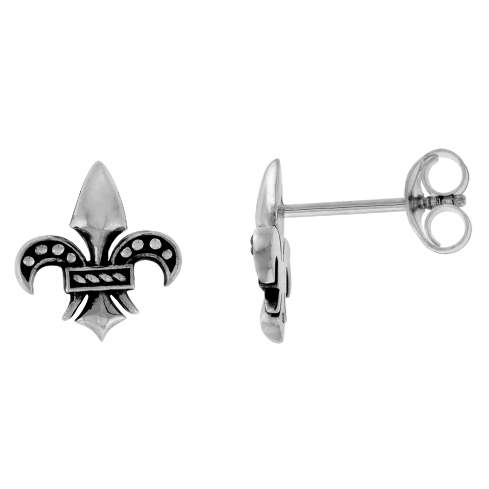 Dainty Sterling Silver Fleur de Lis Stud Earrings for Women & Girls Flawless Polished Antiqued Finish 1/2 inch wide