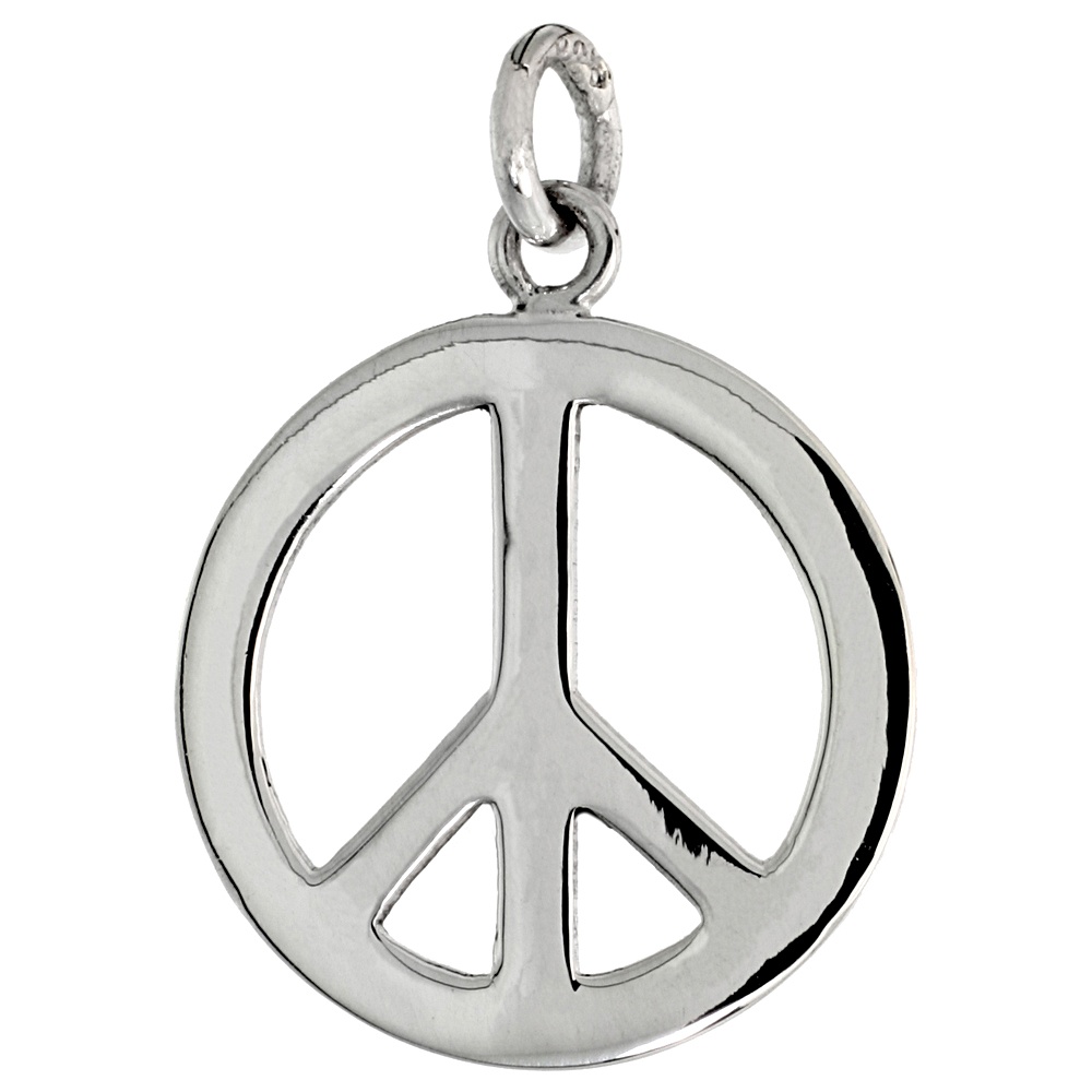 Sterling Silver Small Peace Sign Pendant, with 18 inch Thin Box Chain, 13/16 inch long