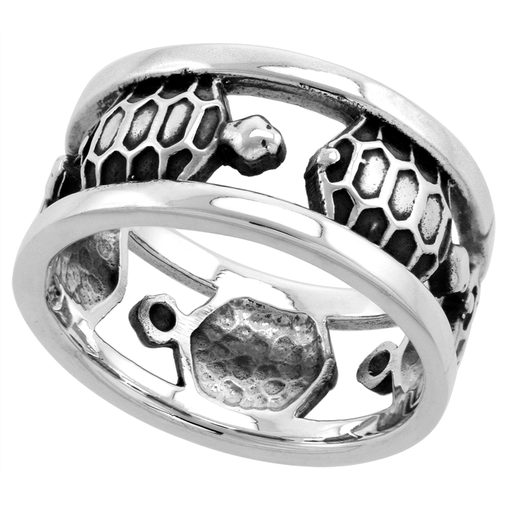 Sterling Silver Turtles Ring 3/8 inch wide, sizes 6 - 10