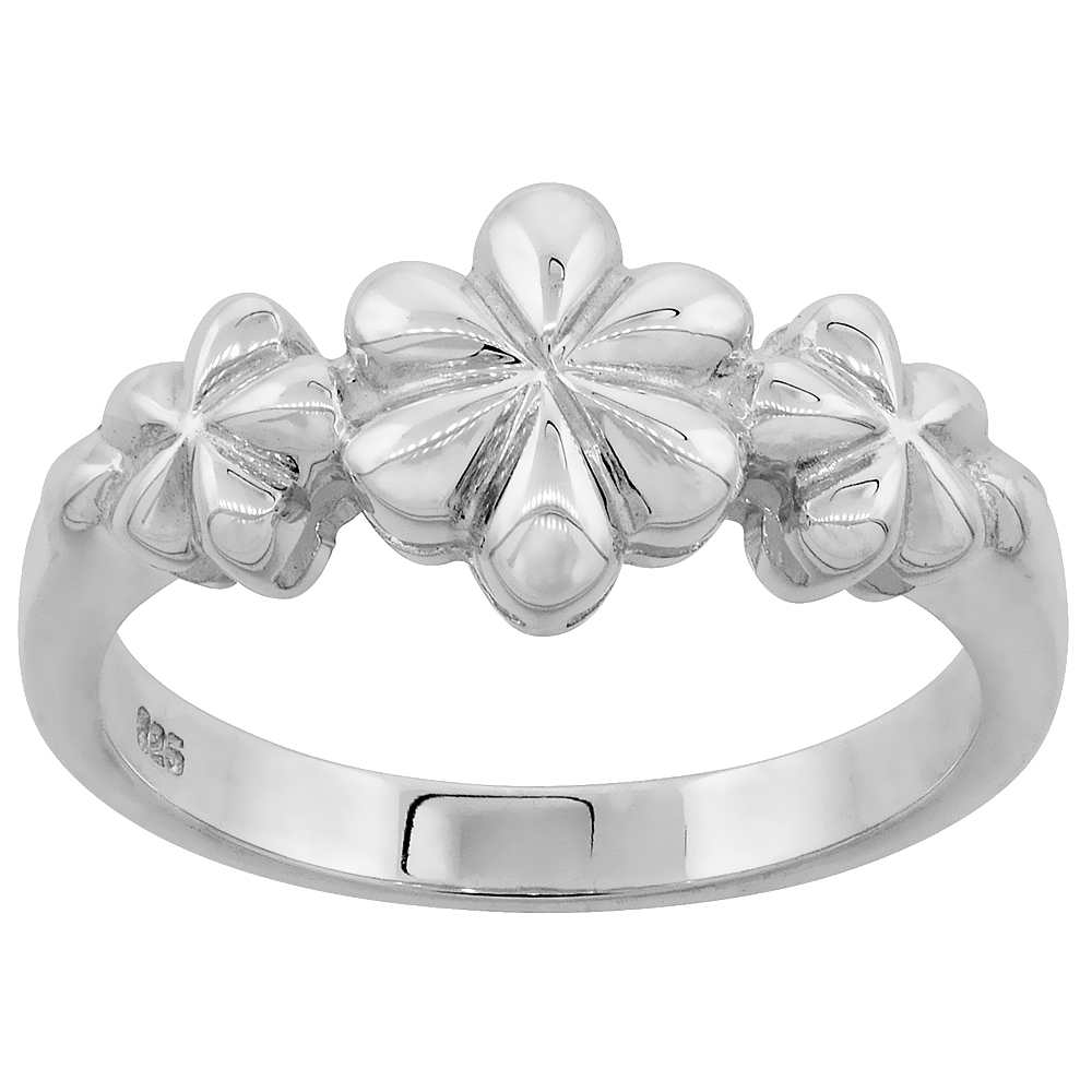 Sterling Silver Dainty 3-flower Ring Flawless finish 3/8 inch wide, sizes 6 to 10