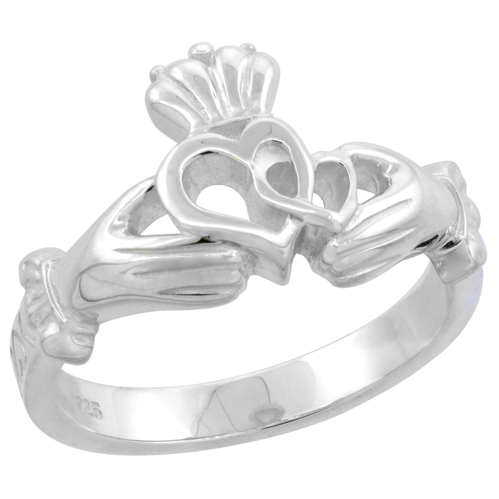 Small Sterling Silver Claddagh Ring For women with Two Hearts Flawless Polished Finish 1/2 inch wide sizes 6-9