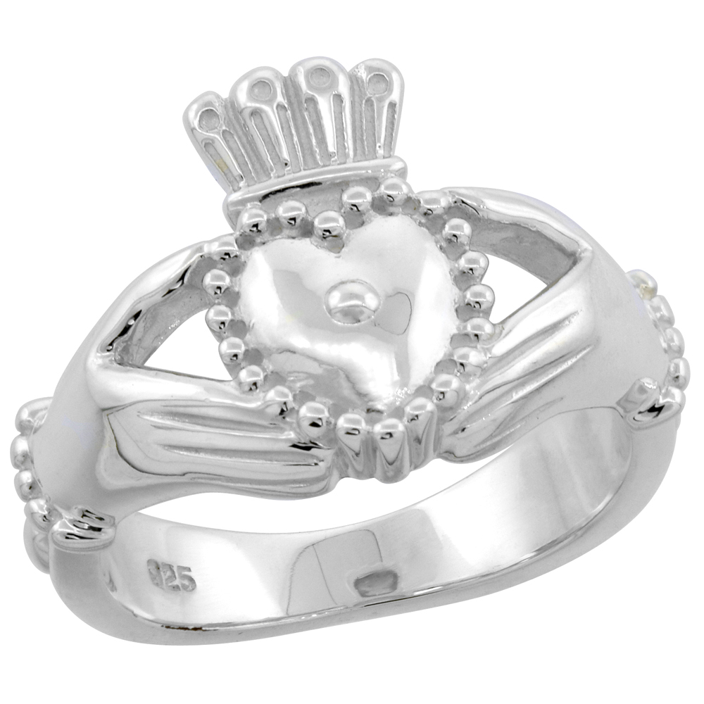 Sterling Silver Claddagh Ring For Women Beaded Hearts and Shank Flawless Polished Finish 9/16 inch wide sizes 6-9