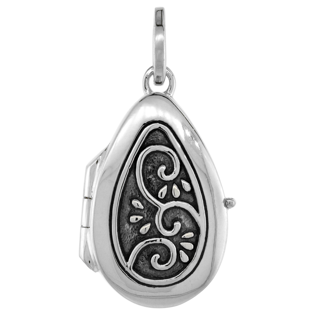 3/4 inch Small Sterling Silver Swirl Design Teardrop Locket Necklace for Women Flawless Polished Finish Available with or withou