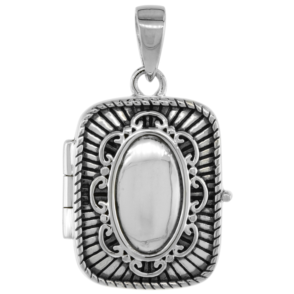 3/4 inch Small Sterling Silver Oval Embossed Center Rectangular Picture frame Locket Necklace for Women Flawless Polished Finish