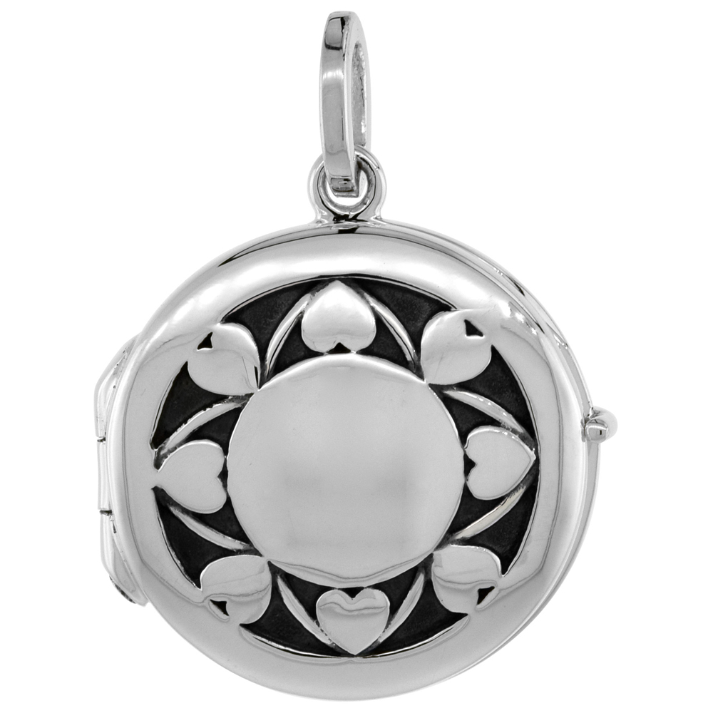 3/4 inch Small Sterling Silver Heart Pattern Round Locket Necklace for Women Flawless Polished Finish Available with or without 