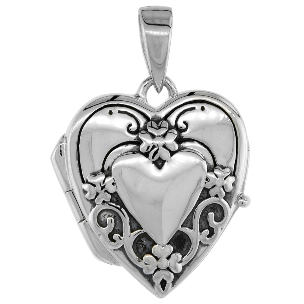 Dainty 5/8 inch Sterling Silver Embossed Heart Locket Necklace for Women Flawless Polished Finish Available with or without Chai