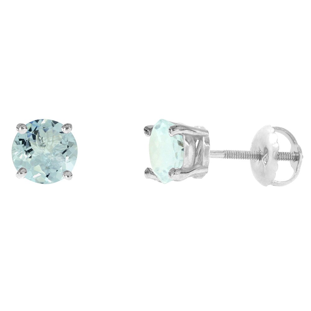 6mm 14k White Gold Natural Aquamarine Stud Earrings Screw Back Round 2 cttw/pr