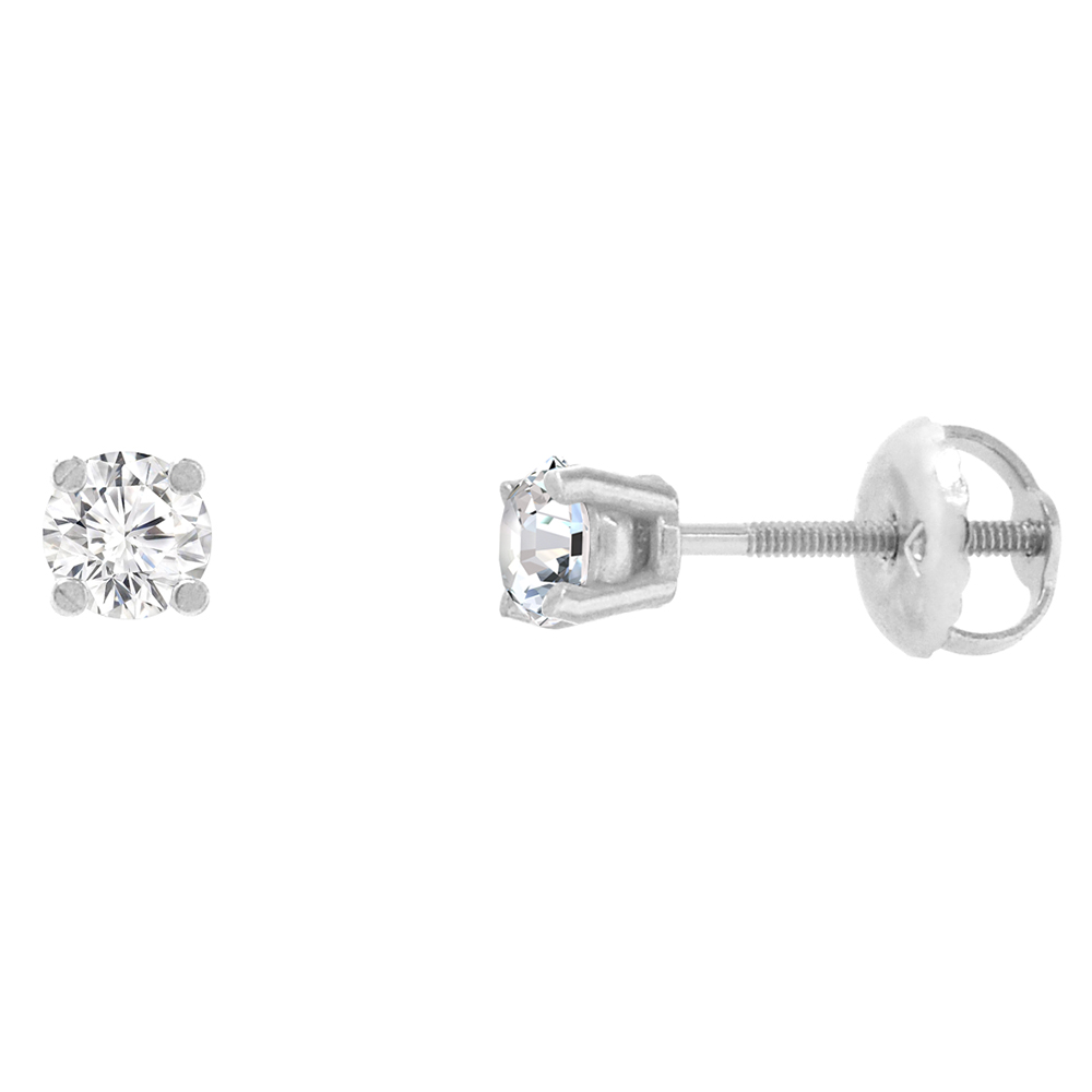 3.75mm 14K White Gold Diamond Stud Earrings Screw Back 4 Prong Brilliant Cut 0.42 ct /pair