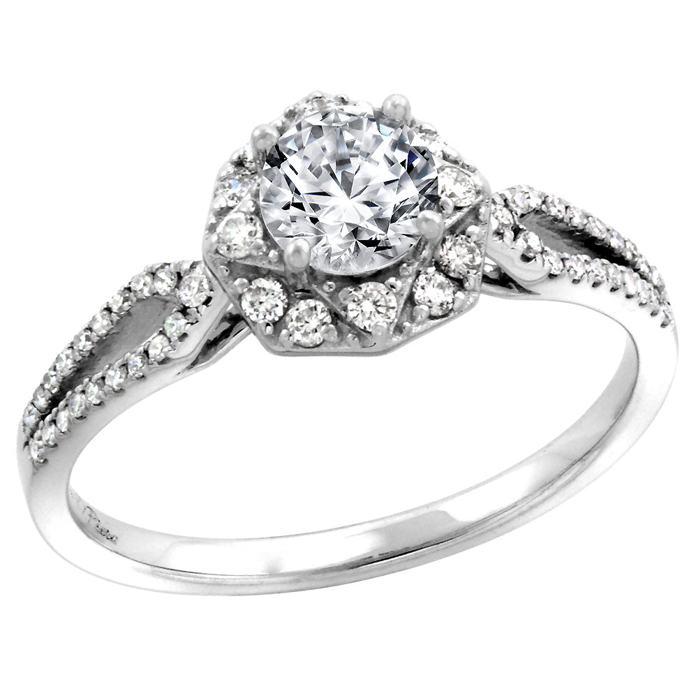 14k White Gold Diamond Halo Genuine Malachite Engagement Ring Round Brilliant cut 5mm, size 5-10