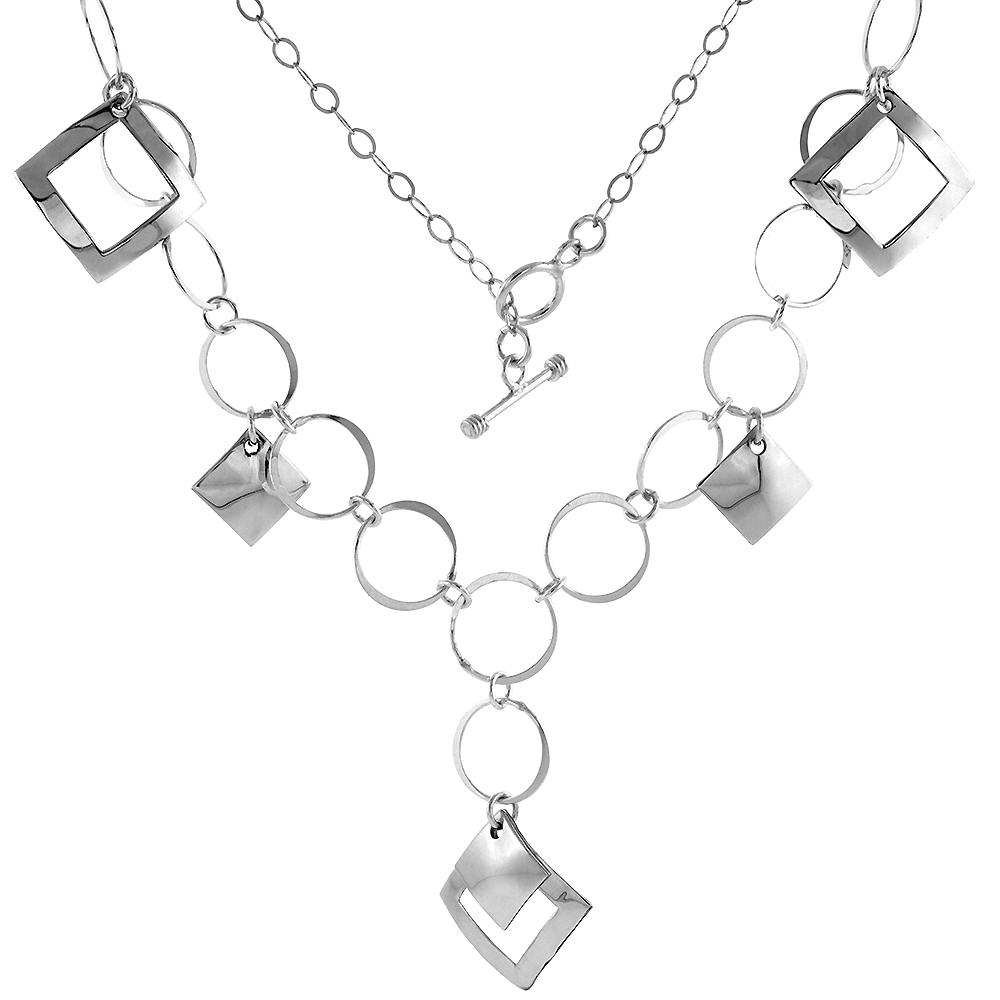 Sterling Silver Geometric Square Toggle Necklace Round Link, 20 inch long